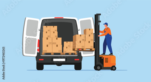 Industrial warehouse worker using an orange electric forklift to load brown cardboard boxes into the back of a van.