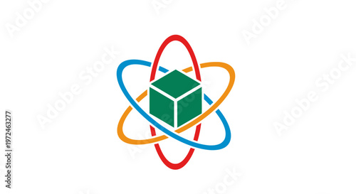 A vibrant graphic illustration featuring a green cube at the core, encircled by three colorful elliptical orbits in red, blue, and orange, symbolizing science, technology, or a complex system.