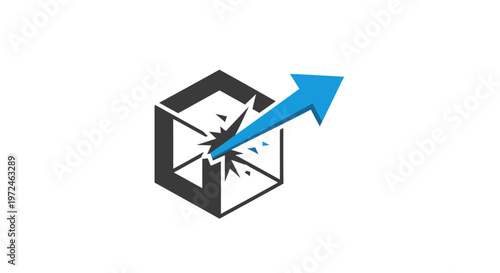 A blue arrow breaking through a cube.