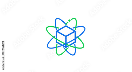 A blue and green atom symbol with a cube.