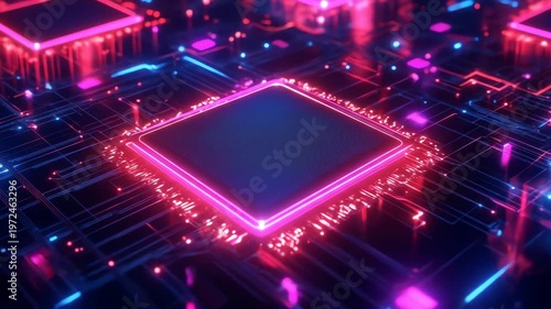 Abstract digital circuit board with glowing neon elements and geometric shapes