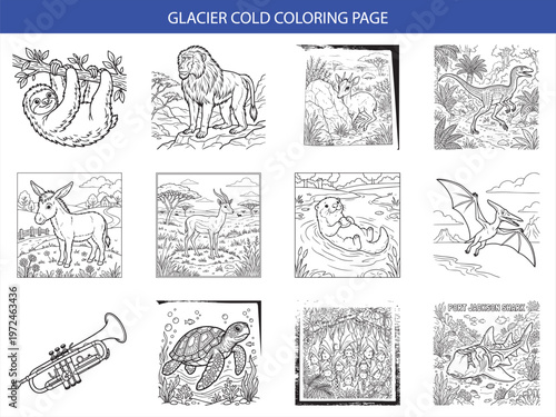 Glacier cold coloring page collection featuring sloth baboon deer dinosaur donkey antelope otter pterosaur trumpet turtle bats shark