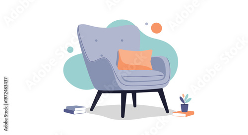 Comfortable gray armchair with an orange pillow in a minimalist room setting with books and a small potted plant.