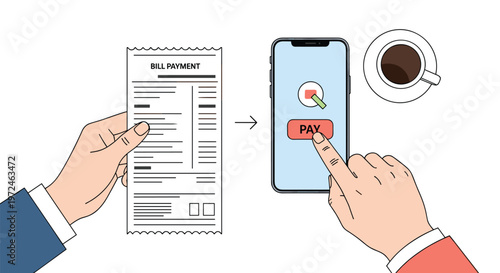 Detailed view of a person using a mobile app on a smartphone to pay a bill with a coffee cup nearby on a table.