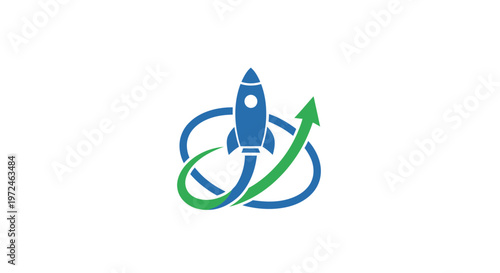 A blue rocket ship with a green arrow.
