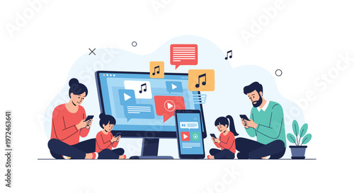 A family sitting together and using their own mobile devices like tablets and smartphones in front of a monitor.