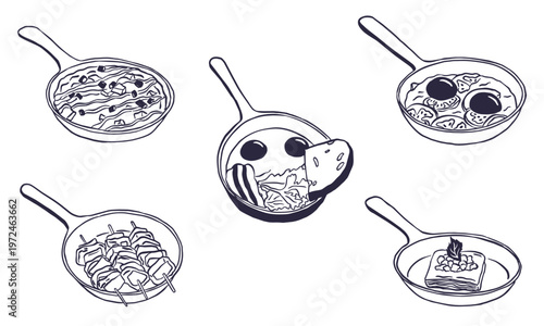 food cuisine on a pan plating hand drawn illustration collection set