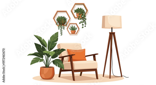 Cozy home interior scene with an armchair, a floor lamp, and multiple potted plants arranged on a wall shelf.