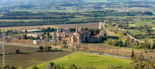Aerial panoramic view of the Monastery de Poblet, in the province of Tarragona, Catalonia, Spain 