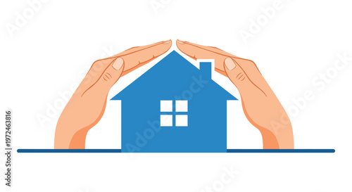 Human hands cupping and protecting a simple blue house icon representing home insurance and family security.