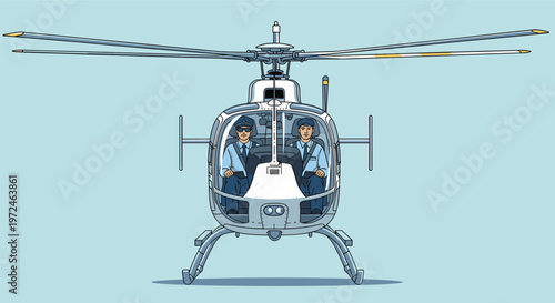 Frontal view of a modern helicopter with two pilots sitting in the cockpit against a clear blue background.