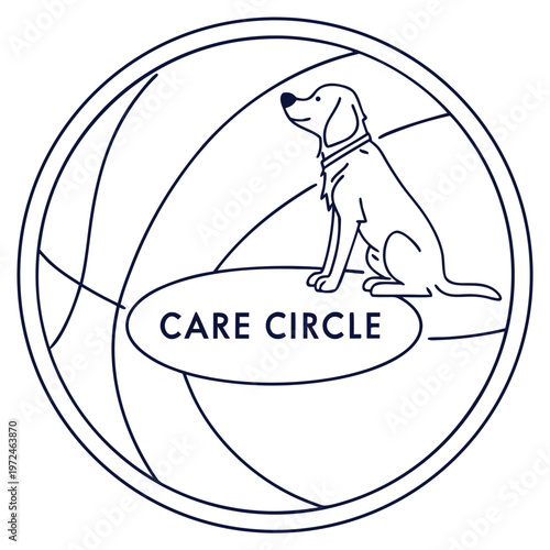 Dog sitting with 'care circle' text in a stylized circle with an oval shape