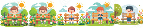 vector of a little boy sitting on a park bench drinking iced orange juice in a flowering garden atmosphere