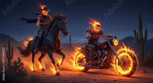 Flaming Cowboy and Biker Riding in Desert at Night