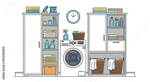 Neat laundry room interior with a washing machine, storage cabinets, laundry baskets, and cleaning supplies.