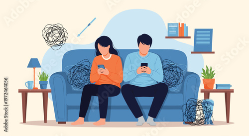 Couple sitting on a sofa and both distracted by their smartphones with tangled thought icons above their heads.