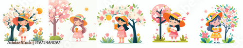 vector of a little girl standing drinking iced orange juice together in spring
