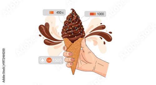 Hand holding a chocolate soft serve ice cream cone with data tags showing nutritional facts and calorie count.