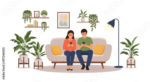 Young couple sitting together on a comfortable sofa in their living room while being preoccupied with their smartphones.