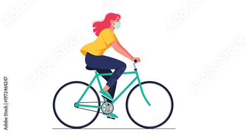 Young woman wearing a protective face mask while riding a bicycle through the city as a healthy transport alternative.