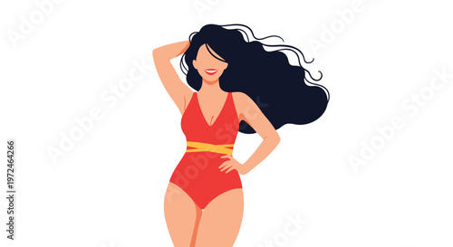 Confident woman with long dark hair posing in a red swimsuit against a white background, representing body positivity.