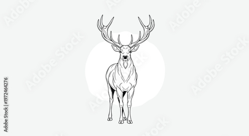 Intricate line art illustration of a majestic deer with large antlers, isolated on a light gray circular background.