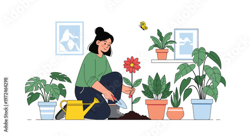 Young woman kneeling and caring for various indoor potted plants with gardening tools in a bright room.