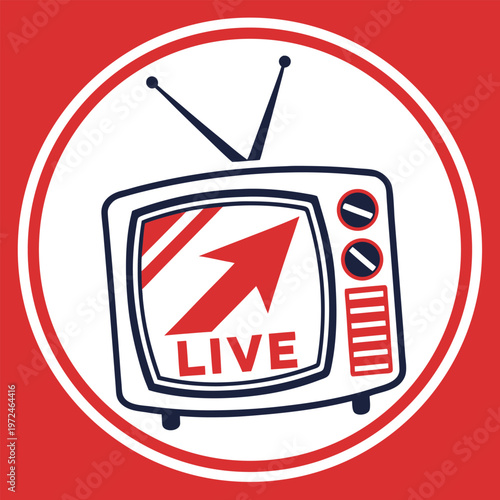 Retro television screen showing live broadcast with arrow with real time