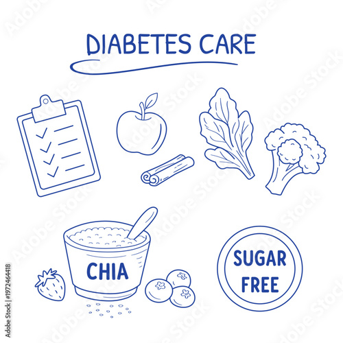 Diabetes Care Doodle Set with Healthy Food and Sugar Free Concep