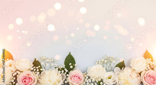 Floral border with fresh roses and peonies on light background with soft bokeh lights.