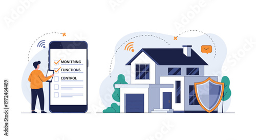Smart home security and monitoring system concept with a man using a smartphone to control his house functions.
