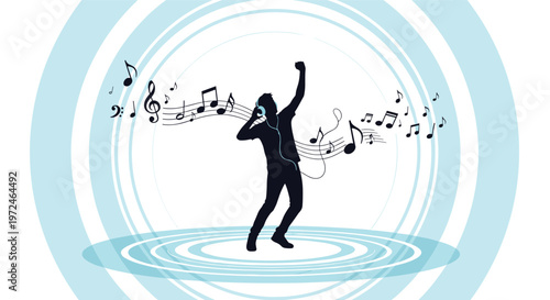 Silhouette of a person dancing energetically while wearing headphones on a circular blue background with music notes.
