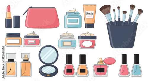 Comprehensive set of various beauty and cosmetic products including makeup brushes, lipsticks, creams, and perfumes.