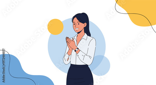Professional young business woman in a white shirt and black skirt clapping her hands in appreciation or celebration.