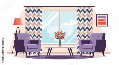 Elegant living room setup features two purple armchairs facing a coffee table with flowers in front of a large window with curtains.