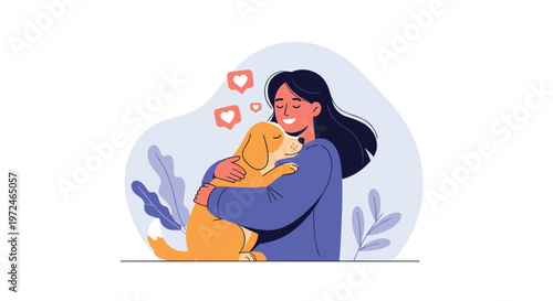 Happy young woman tenderly hugs her pet dog expressing love and companionship with floating heart icons in the background.