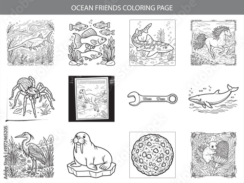 Ocean friends coloring page collection featuring marine life and prehistoric creatures for kids artistic learning activities