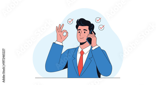 Successful businessman in a blue suit talks on a mobile phone and gives an OK hand sign with checkmark icons.