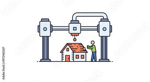 Modern industrial 3D printer constructs a small residential house as a technician monitors the automated building process.