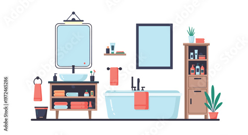 Clean and modern bathroom interior features a large white bathtub, a vanity with a mirror, and various grooming products.