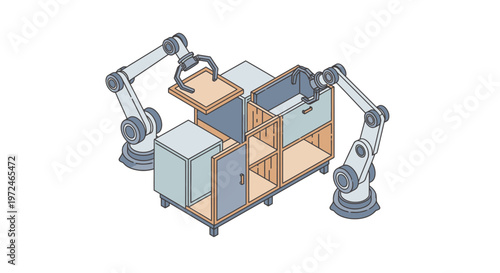 Modern robotic arms assembling furniture in an automated factory, isometric view, clean design
