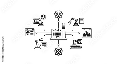 Modern factory automation with robotic arms and conveyor belts connected to a central building, industry 4.0 concept