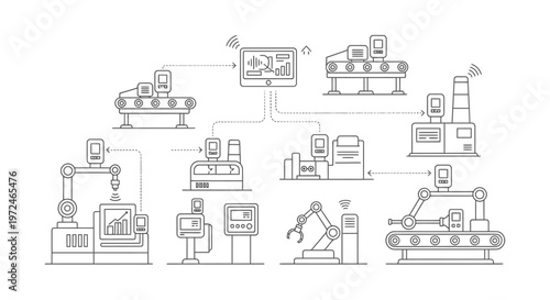 Smart factory industrial automation with robots, conveyor belts, and digital control systems in a modern production line.
