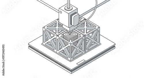 Close-up isometric view of a 3D printer creating a complex geometric structure layer by layer