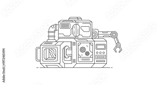 Futuristic industrial robot arm and machinery, line art illustration on white background