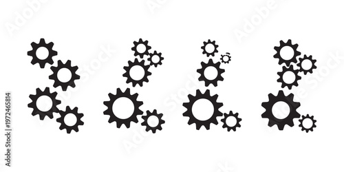 Four abstract arrangements of interlocking gears symbolizing cooperation and mechanical systems.