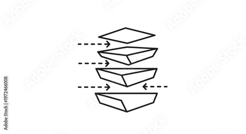 Abstract stacked trapezoid shapes with arrows, symbolizing layered data, step-by-step process, organization, or component assembly. Simple vector icon.