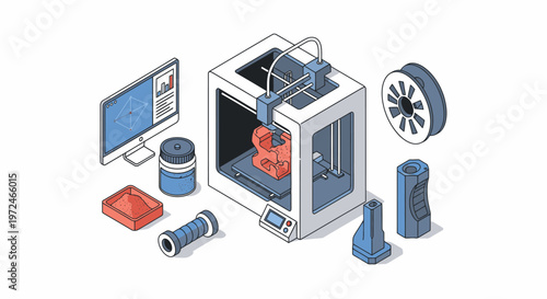 3D printer creating a red object with computer, filament spool, and printed parts in isometric view