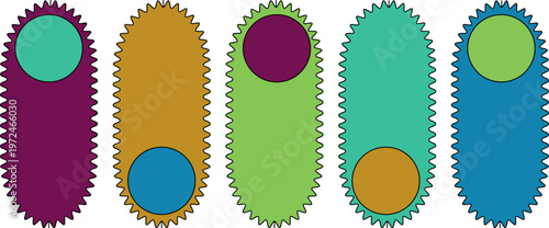 A set of five pill-shaped banners with serrated edges and contrasting circular interior shapes perfect for modern infographic or label design.