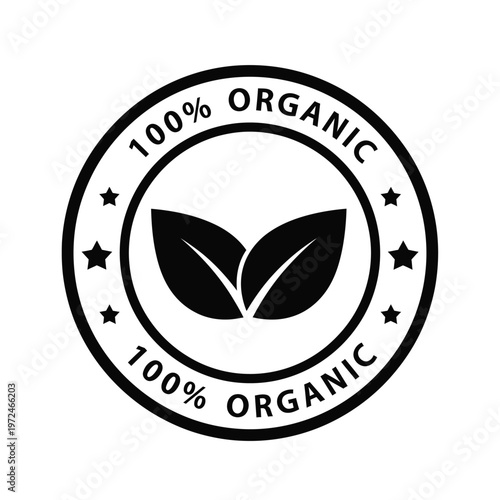 A circular black and white badge proclaims 100 organic with a leaf illustration and surrounding stars high quality professional